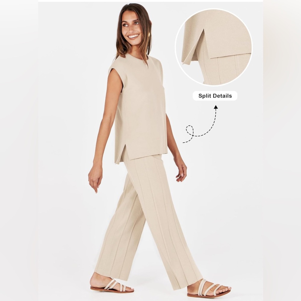 Elegant Beige Women's Wide Leg Pants & Top Ensemble
